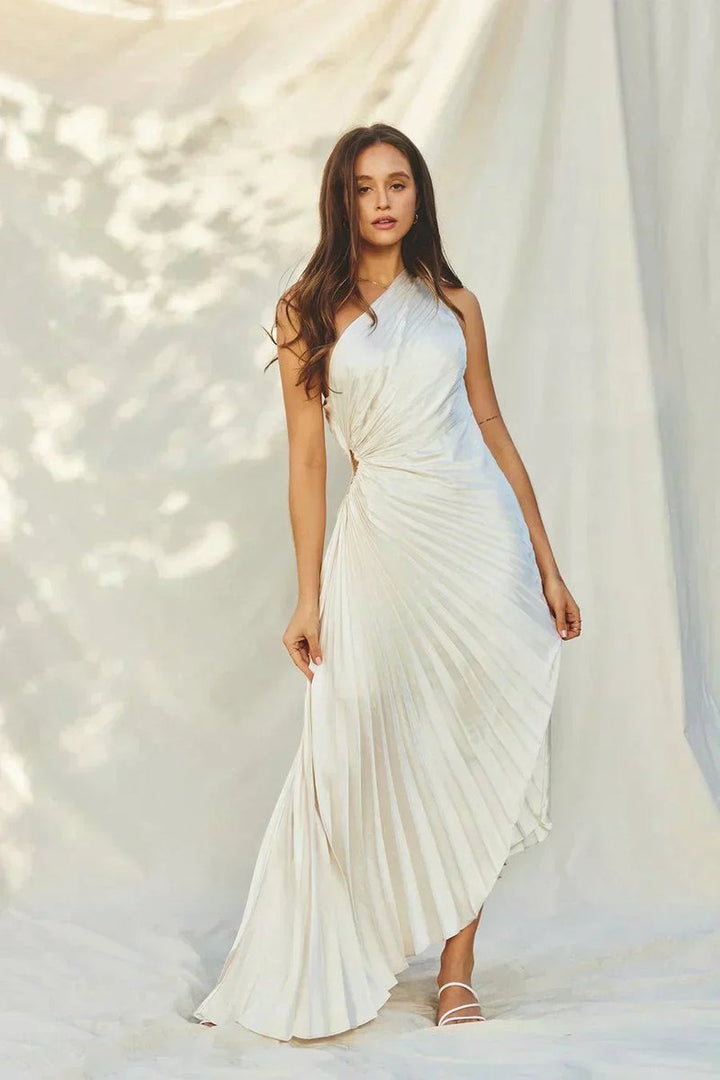 Women's One-Shoulder Pleated Asymmetrical Fall Midi Dress