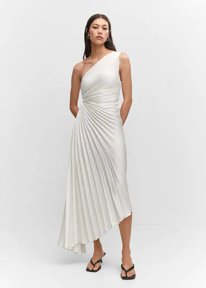 Women's One-Shoulder Pleated Asymmetrical Fall Midi Dress