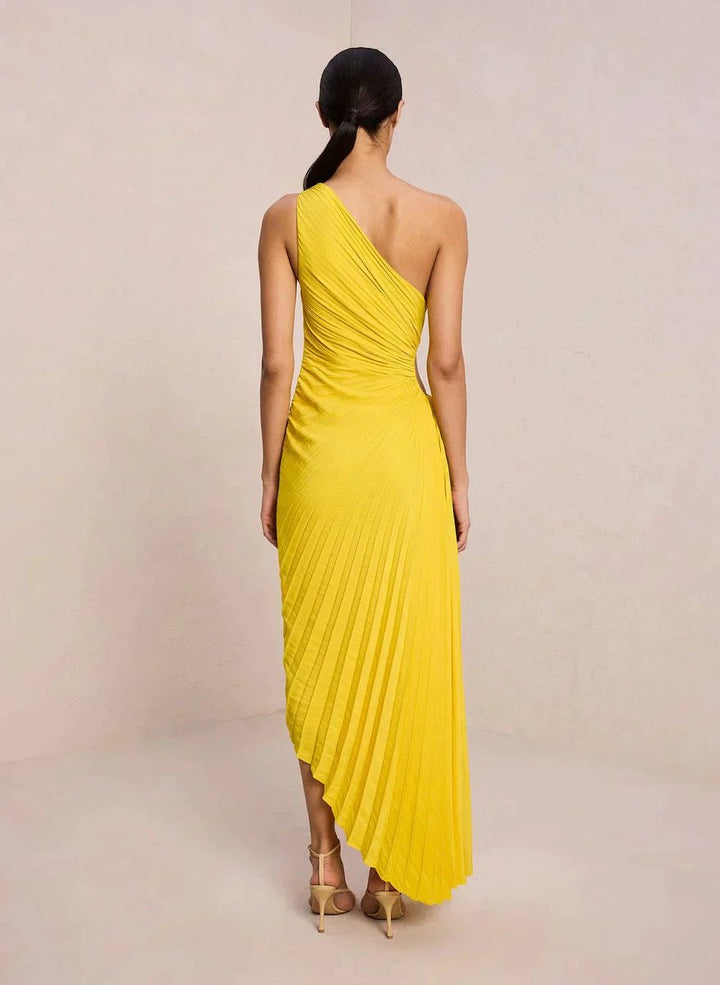 Women's One-Shoulder Pleated Asymmetrical Fall Midi Dress