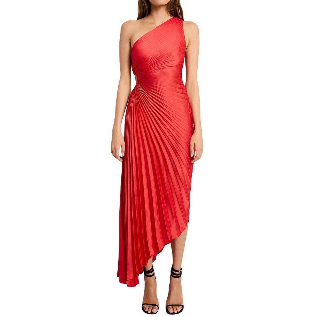 Women's One-Shoulder Pleated Asymmetrical Fall Midi Dress
