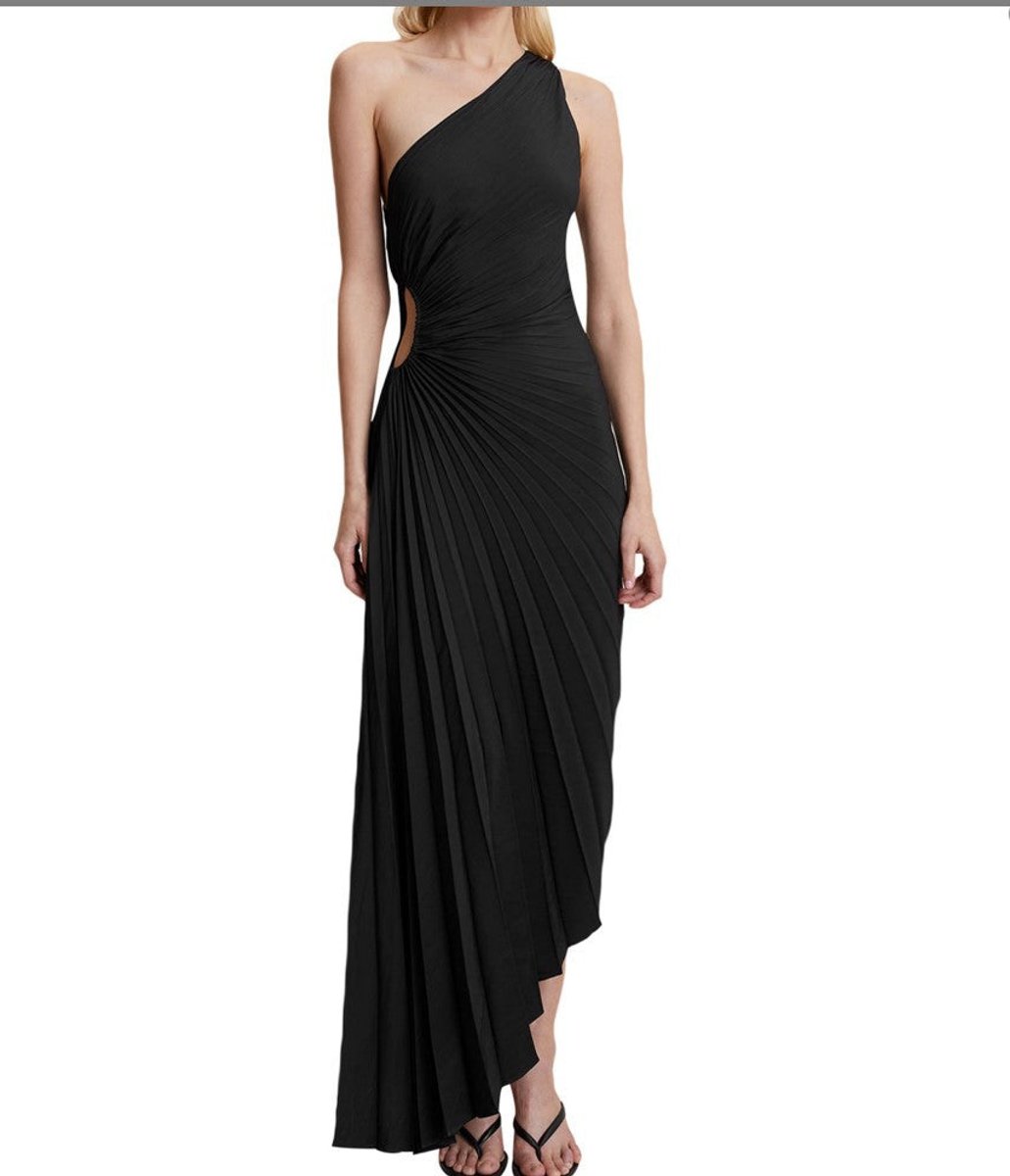 Women's One-Shoulder Pleated Asymmetrical Fall Midi Dress