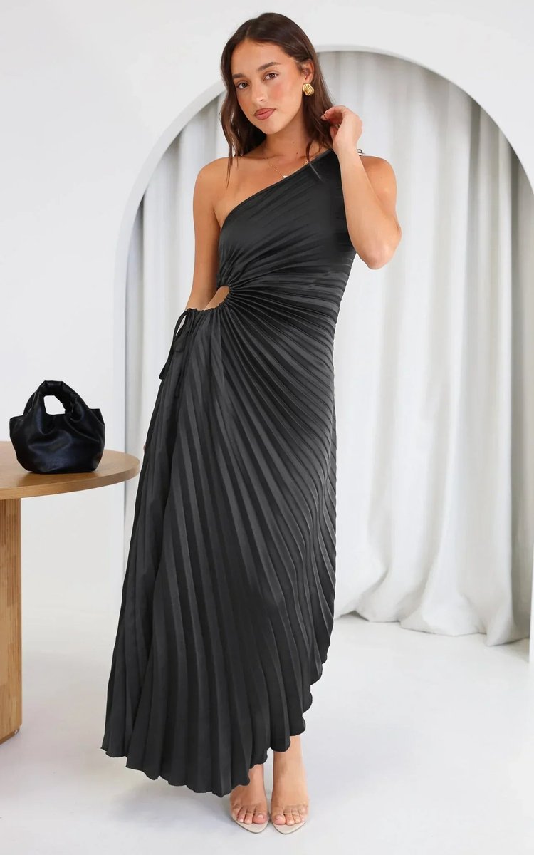 Women's One-Shoulder Pleated Asymmetrical Fall Midi Dress
