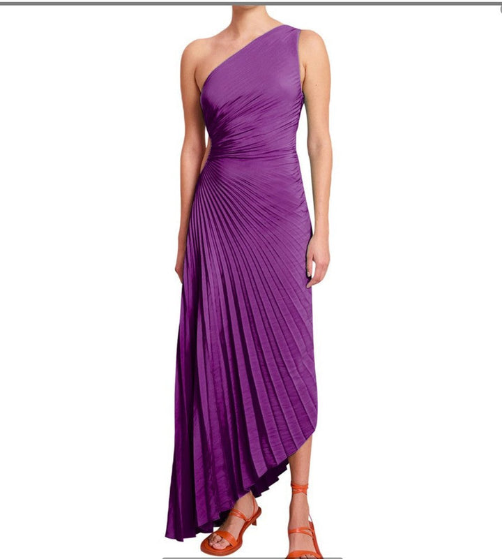 Women's One-Shoulder Pleated Asymmetrical Fall Midi Dress