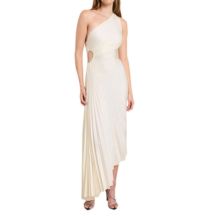 Women's One-Shoulder Pleated Asymmetrical Fall Midi Dress