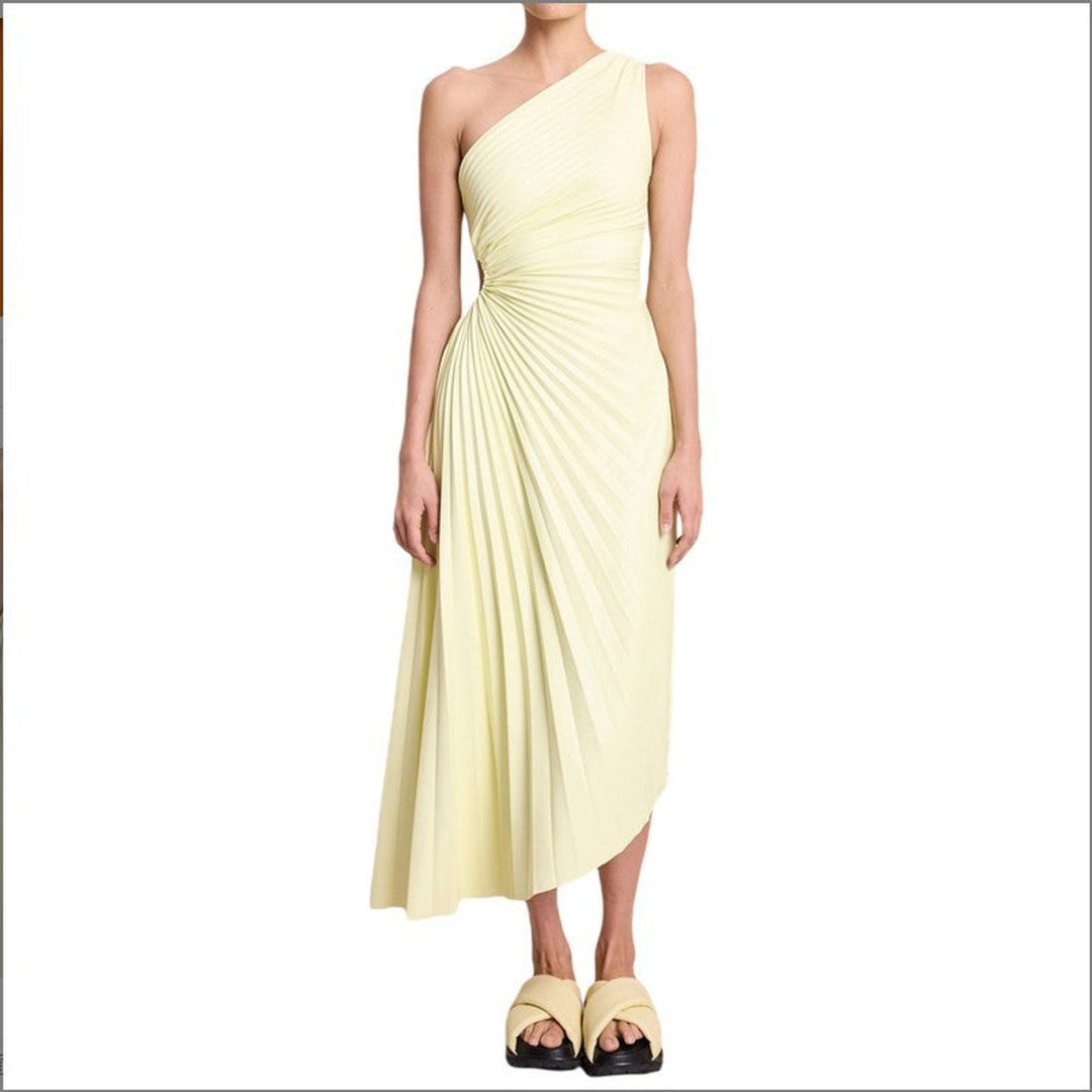 Women's One-Shoulder Pleated Asymmetrical Fall Midi Dress