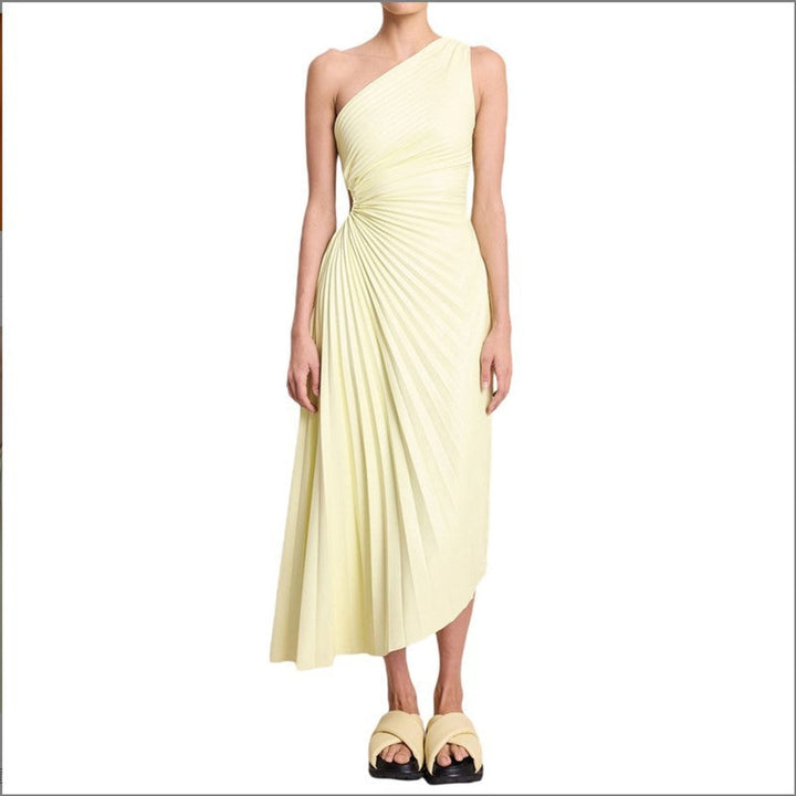 Women's One-Shoulder Pleated Asymmetrical Fall Midi Dress