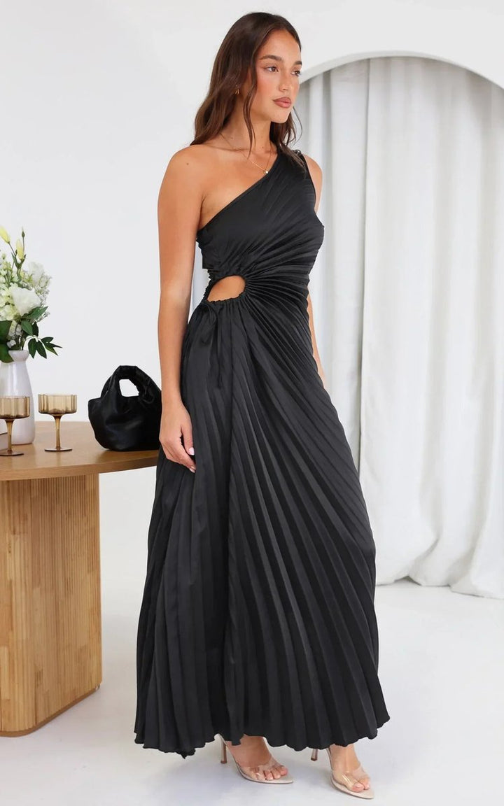 Women's One-Shoulder Pleated Asymmetrical Fall Midi Dress