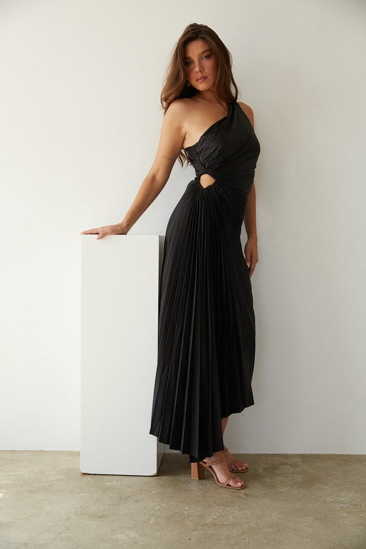 Women's One-Shoulder Pleated Asymmetrical Fall Midi Dress