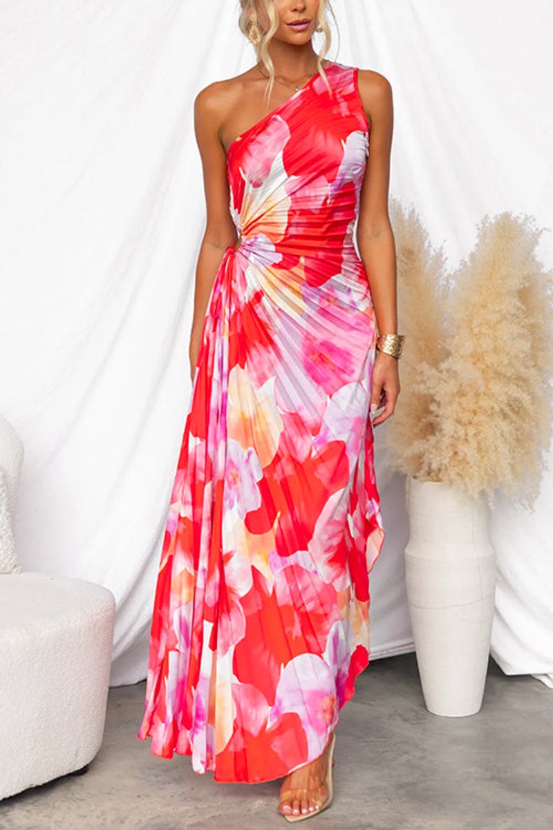 Women's One-Shoulder Pleated Floral Maxi Fall Wedding Guest Dress