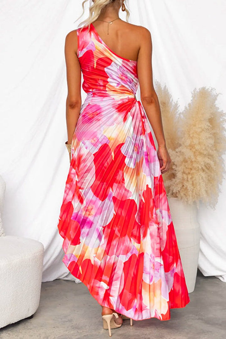Women's One-Shoulder Pleated Floral Maxi Fall Wedding Guest Dress