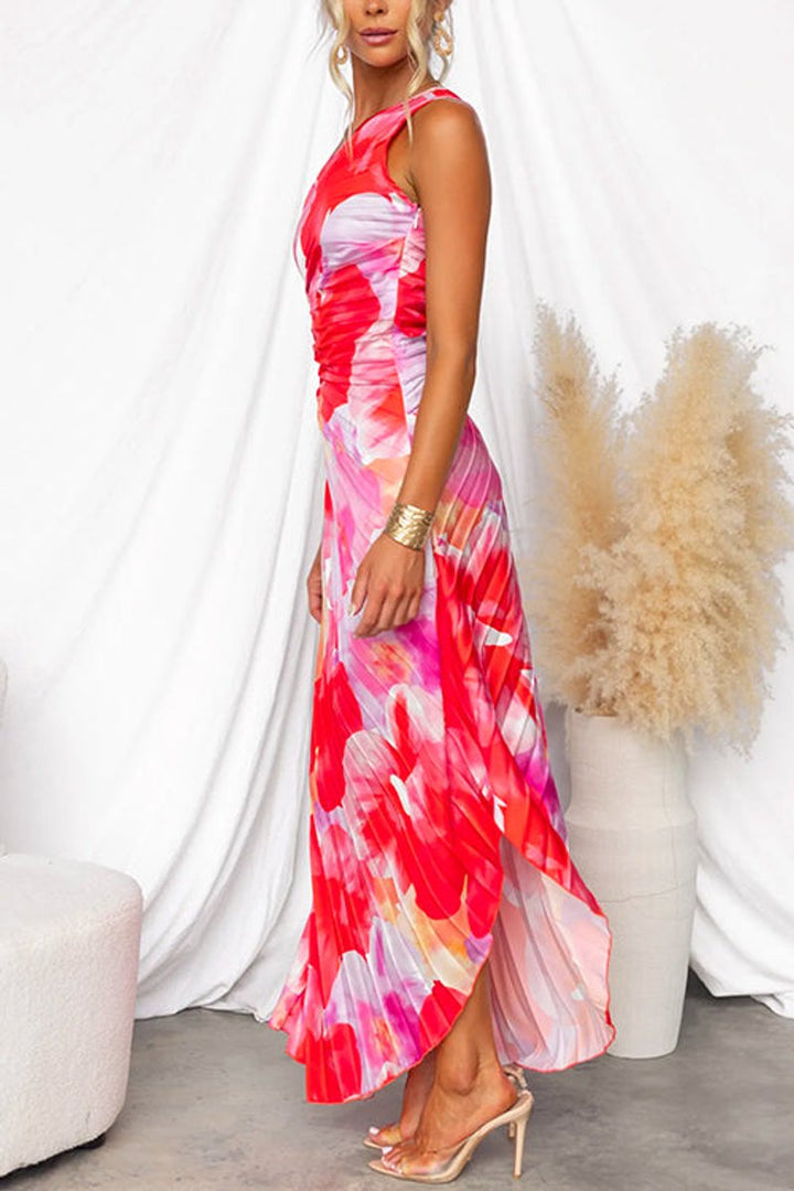 Women's One-Shoulder Pleated Floral Maxi Fall Wedding Guest Dress
