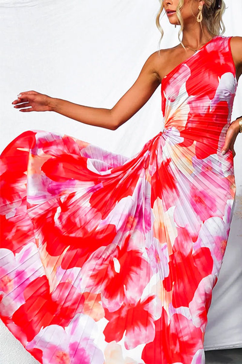 Women's One-Shoulder Pleated Floral Maxi Fall Wedding Guest Dress