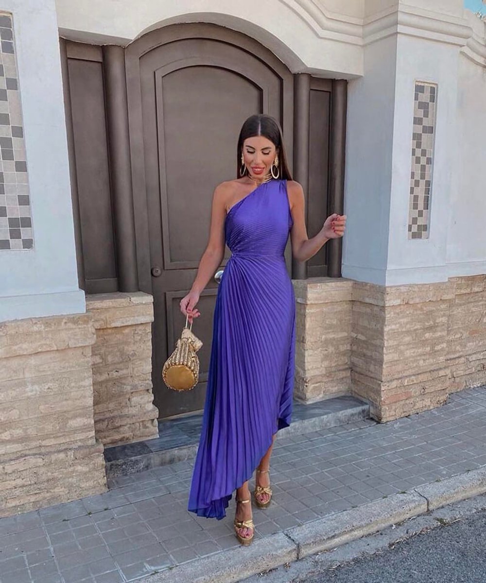Women's One-Shoulder Pleated Midi Formal Dress