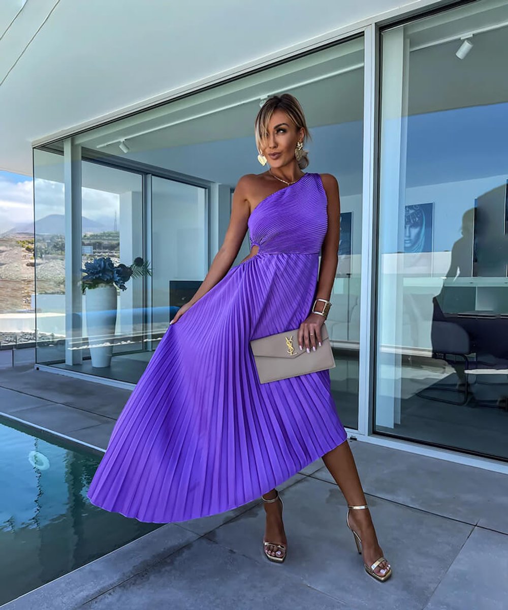 Women's One-Shoulder Pleated Midi Formal Dress