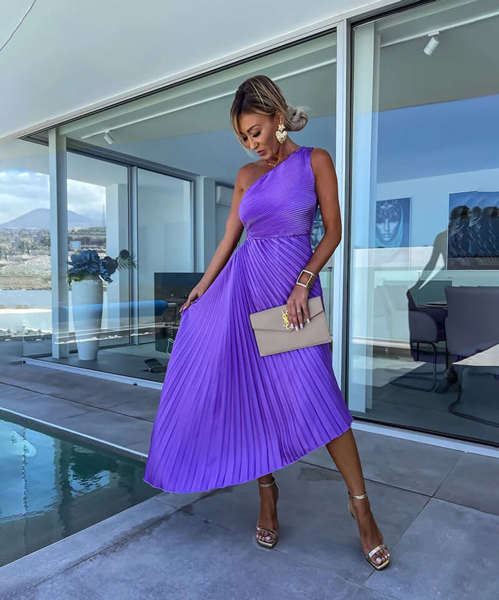 Women's One-Shoulder Pleated Midi Formal Dress