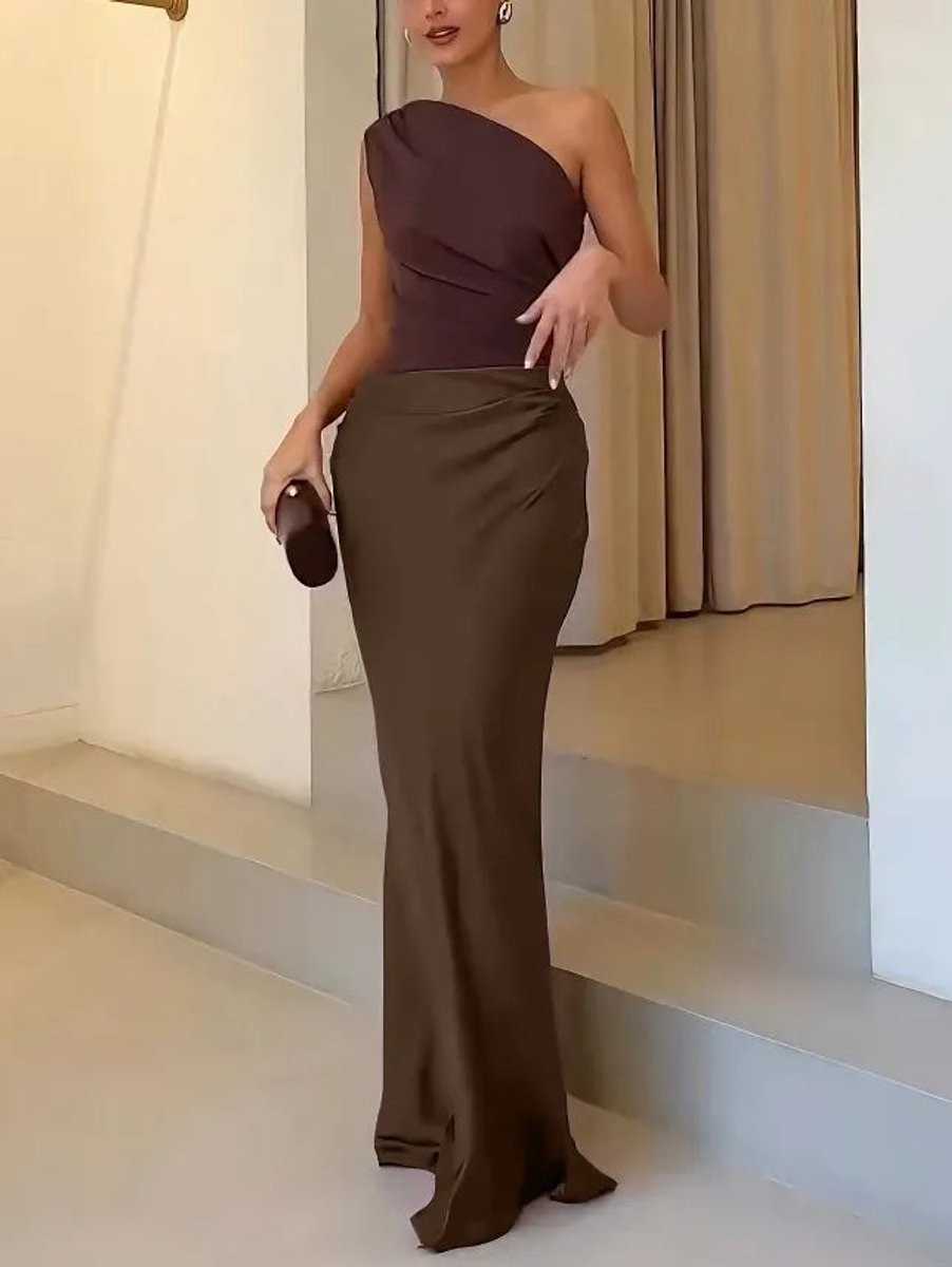 Women's One-Shoulder Pleated Satin Maxi Fall Wedding Guest Dress