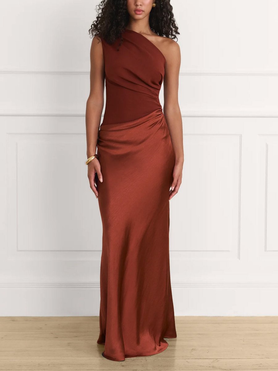 Women's One-Shoulder Pleated Satin Maxi Fall Wedding Guest Dress