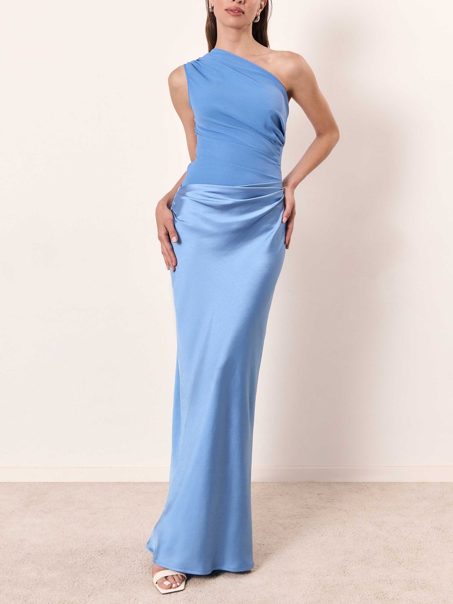 Women's One-Shoulder Pleated Satin Maxi Fall Wedding Guest Dress