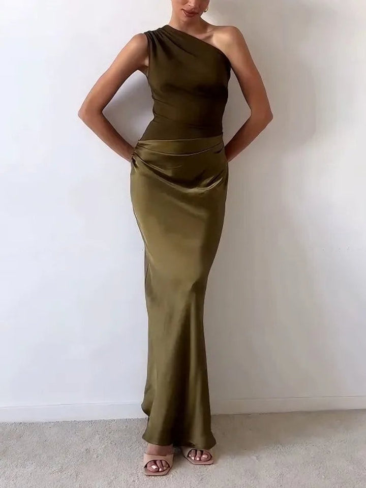 Women's One-Shoulder Pleated Satin Maxi Formal Dress
