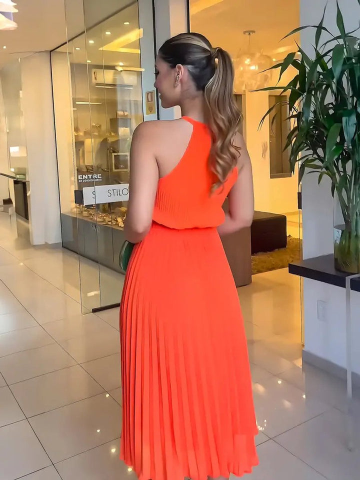 Women's One-Shoulder Pleated Skirt Fall Midi Dress Gathered Waist