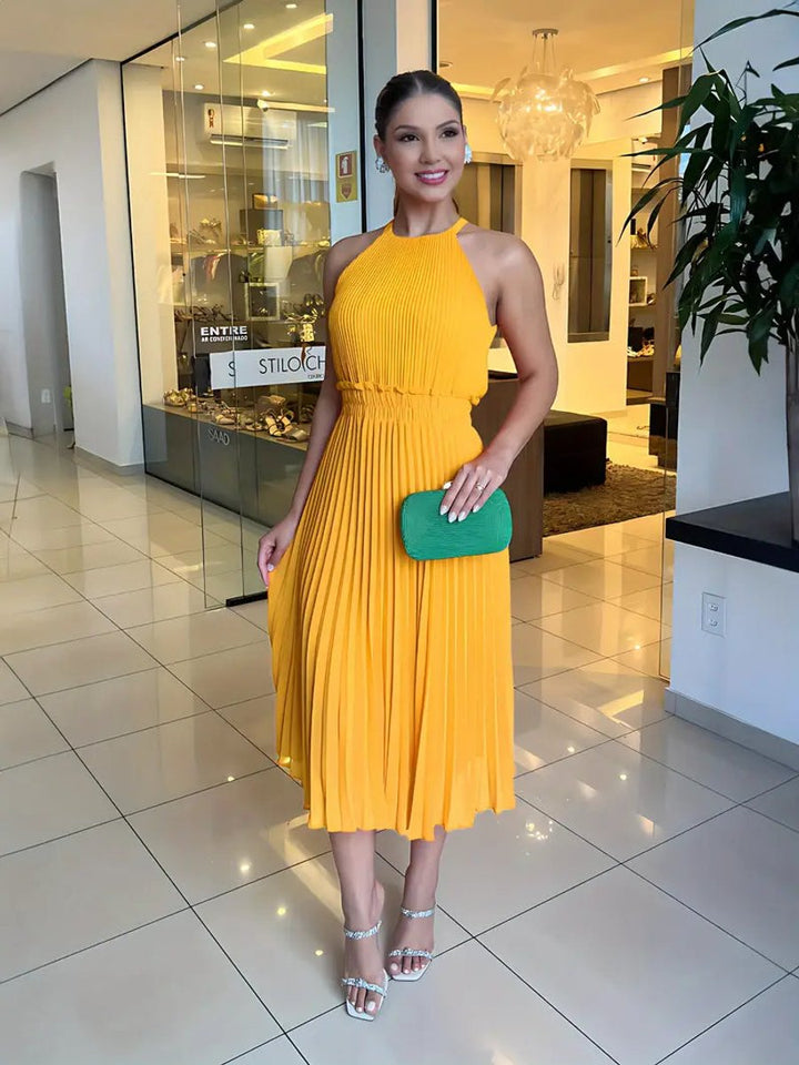 Women's One-Shoulder Pleated Skirt Fall Midi Dress Gathered Waist