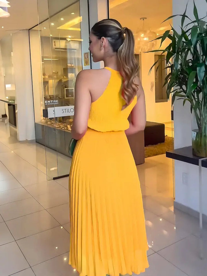 Women's One-Shoulder Pleated Skirt Fall Midi Dress Gathered Waist