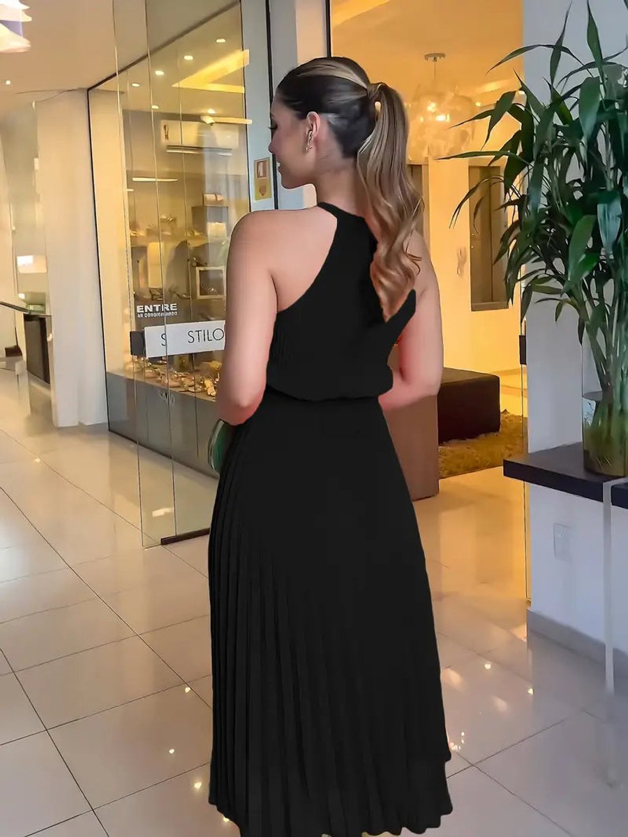 Women's One-Shoulder Pleated Skirt Fall Midi Dress Gathered Waist
