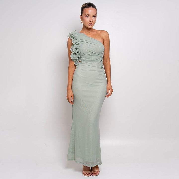 Women's One-Shoulder Ruched Floral-Rosette Fall Midi Dress