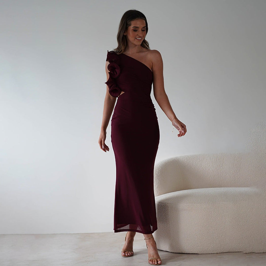 Women's One-Shoulder Ruched Floral-Rosette Fall Midi Dress