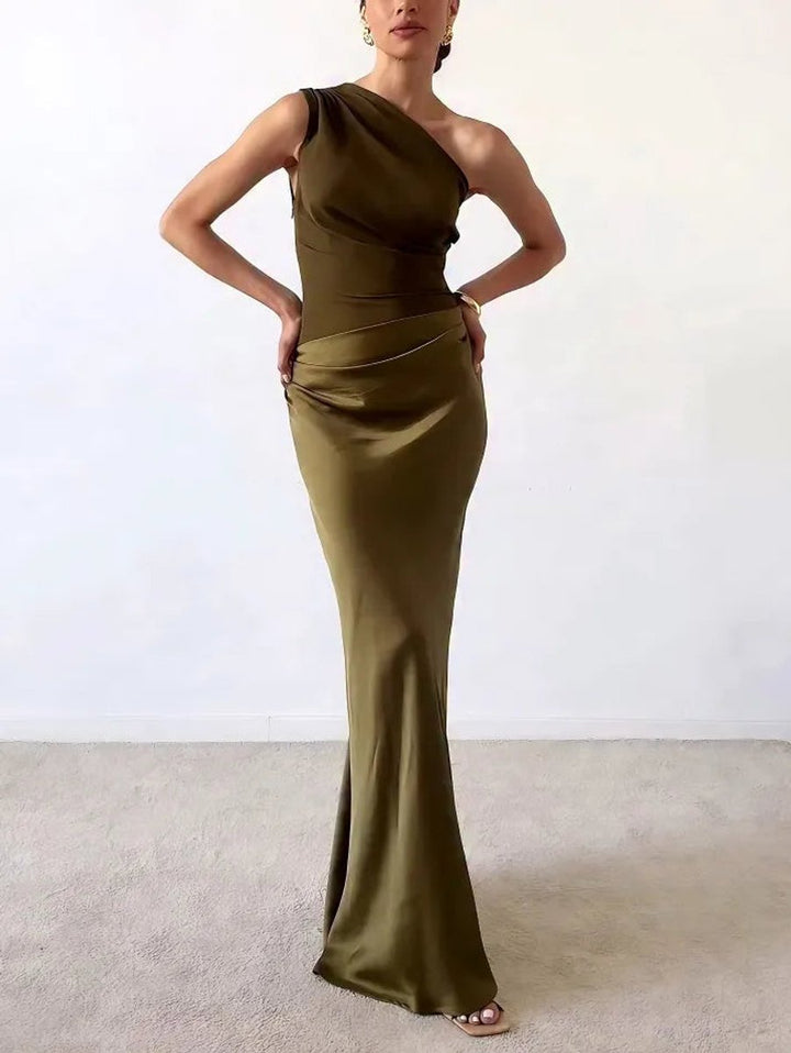 Women's One-Shoulder Ruched Satin Maxi Formal Dress