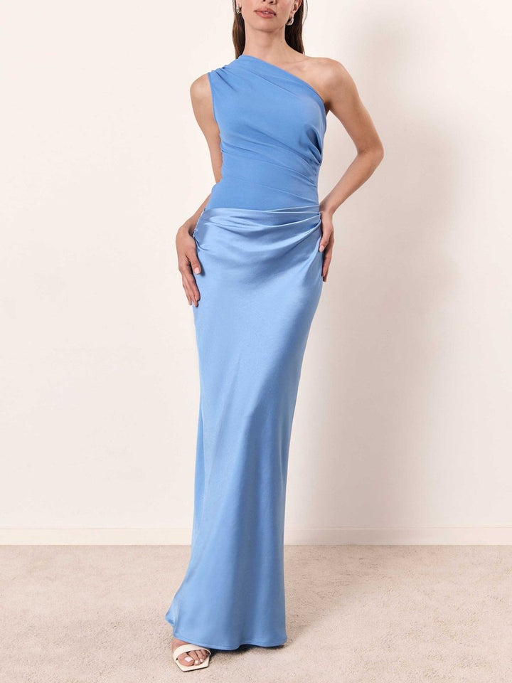 Women's One-Shoulder Ruched Satin Maxi Formal Dress