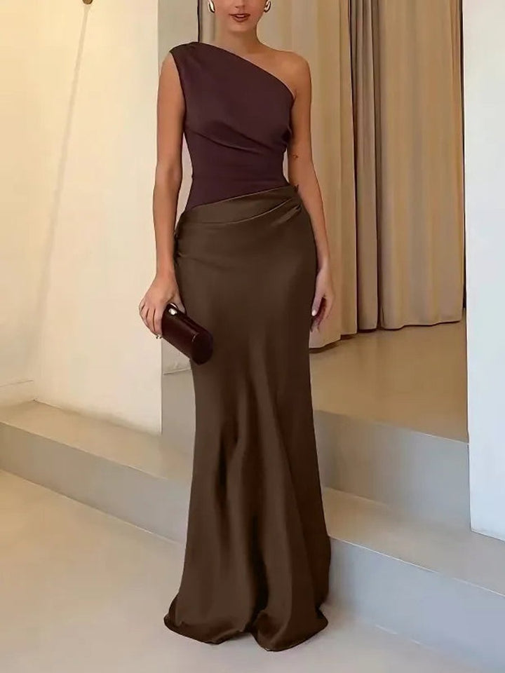 Women's One-Shoulder Ruched Satin Maxi Formal Dress