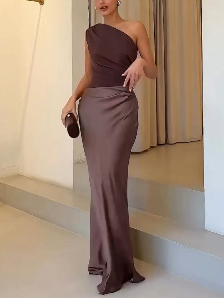 Women's One-Shoulder Ruched Satin Maxi Formal Dress