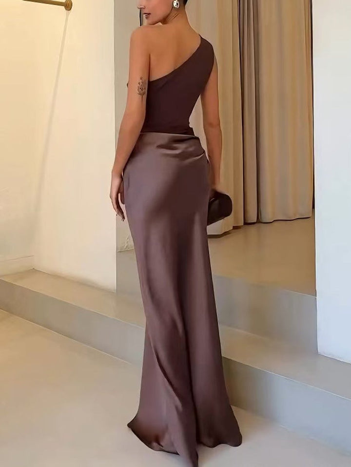Women's One-Shoulder Ruched Satin Maxi Formal Dress