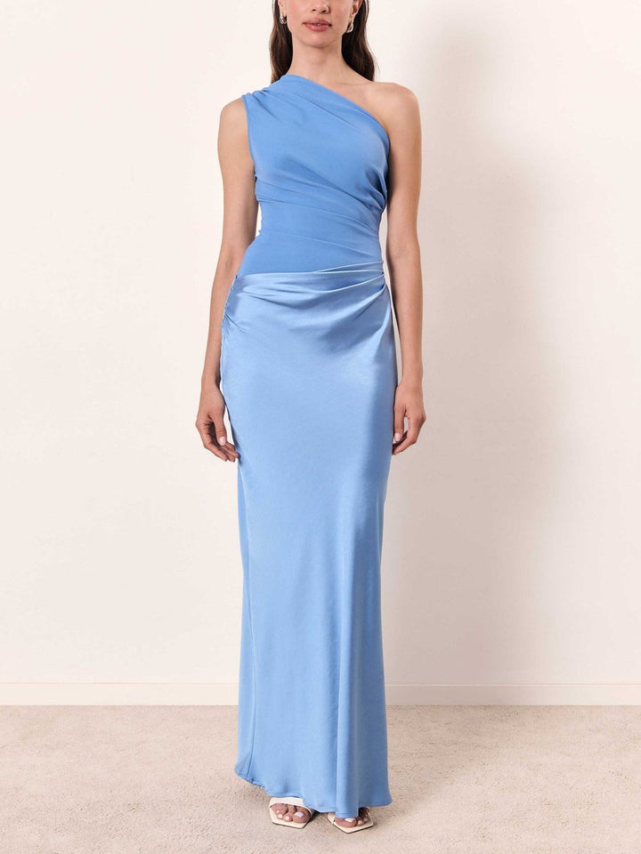 Women's One-Shoulder Ruched Satin Maxi Formal Dress