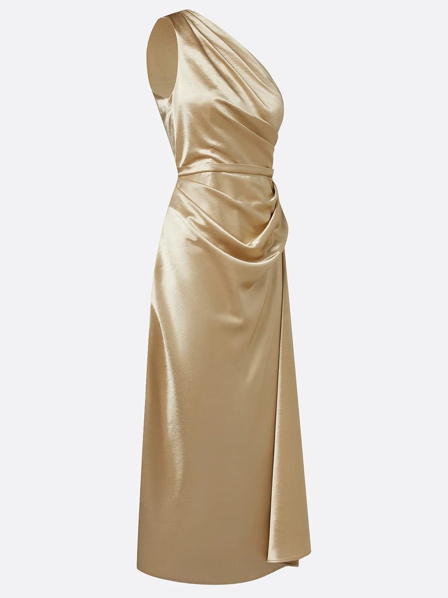 Women's One-Shoulder Ruched Satin Midi Formal Dress