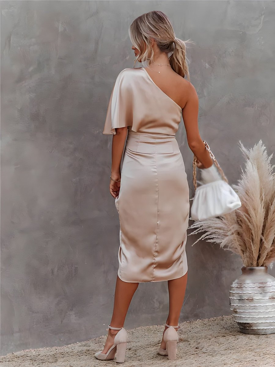 Women's One-Shoulder Ruched Satin Midi Formal Dress