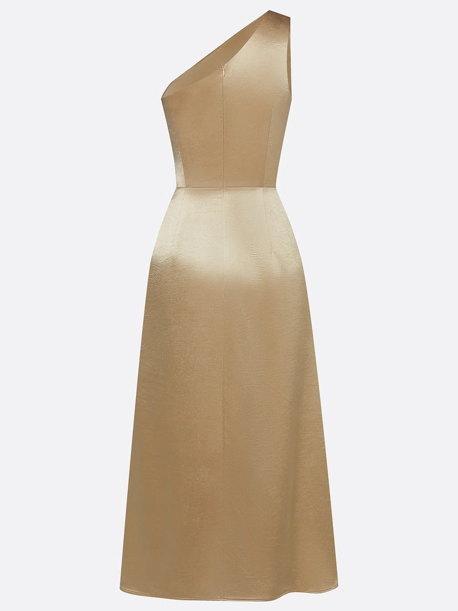 Women's One-Shoulder Ruched Satin Midi Formal Dress