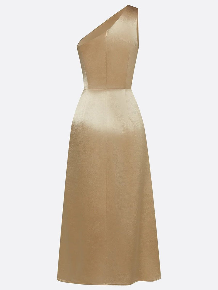 Women's One-Shoulder Ruched Satin Midi Formal Dress
