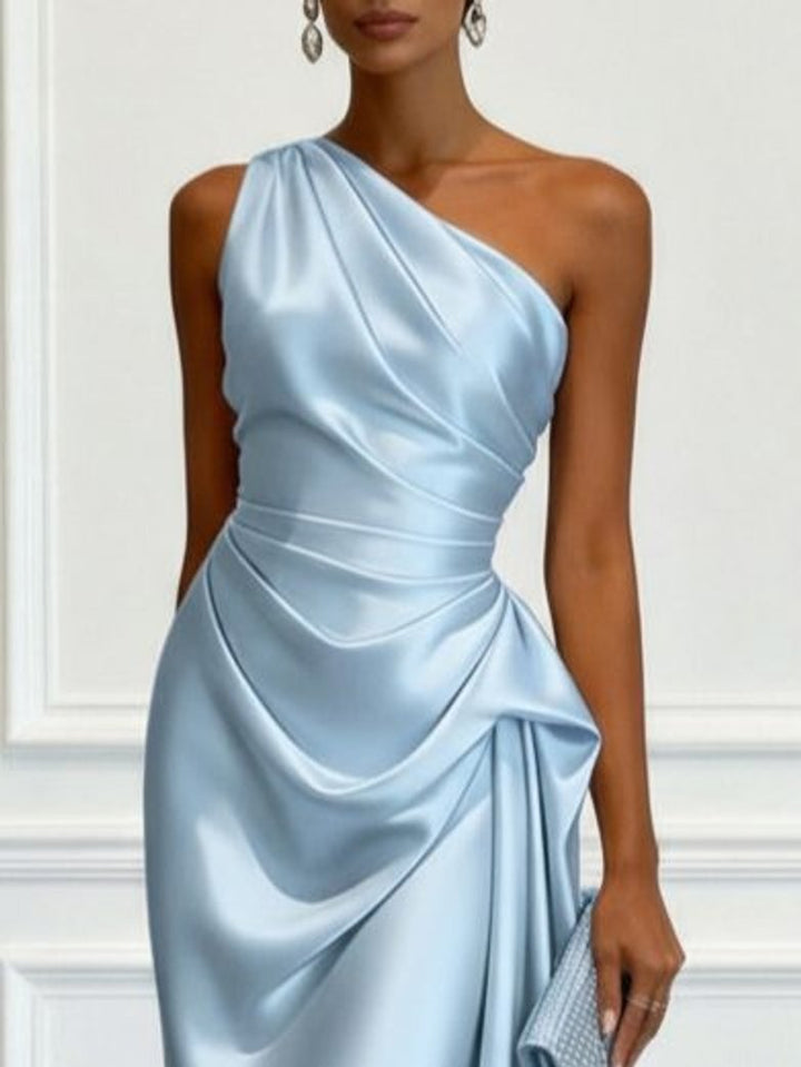 Women's One-Shoulder Ruched Satin Midi Formal Dress