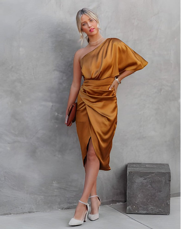 Women's One-Shoulder Ruched Satin Midi Formal Dress