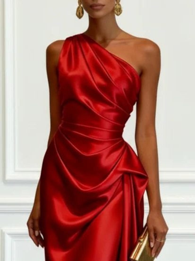 Women's One-Shoulder Ruched Satin Midi Formal Dress