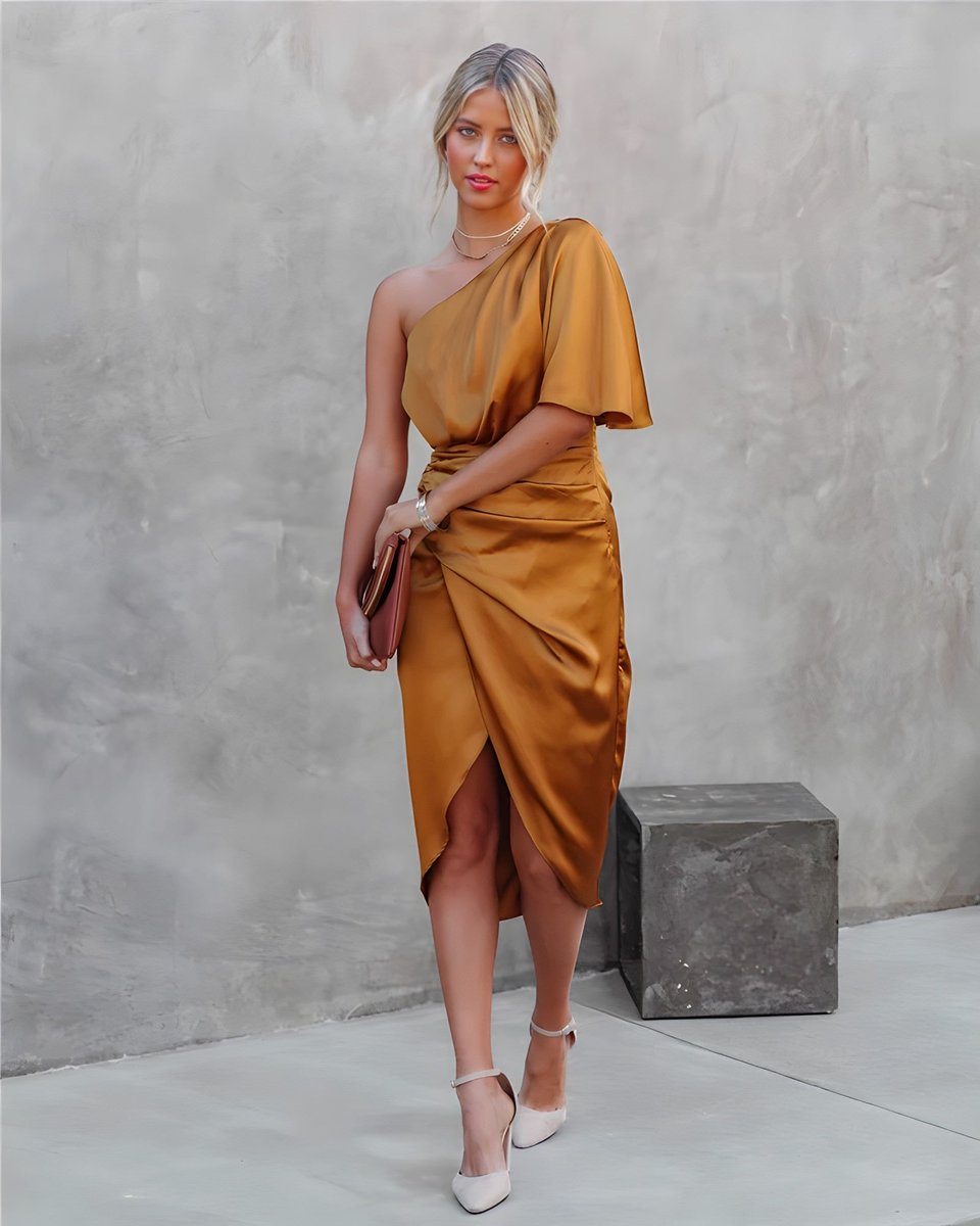 Women's One-Shoulder Ruched Satin Midi Formal Dress
