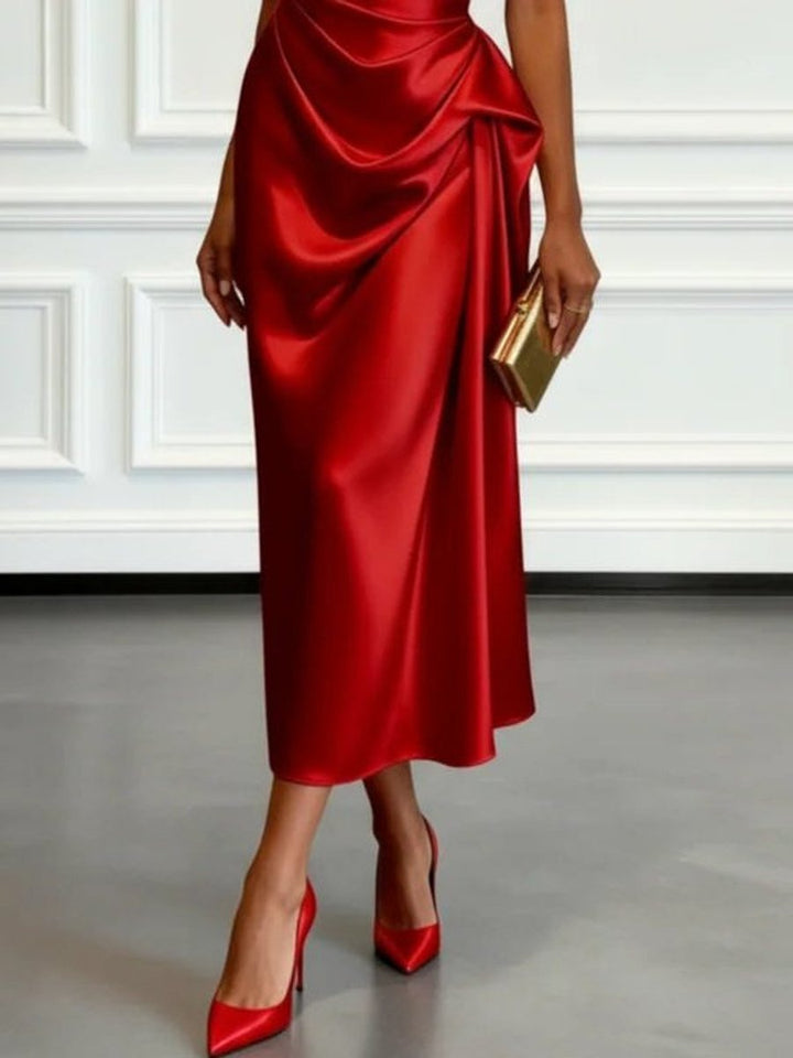 Women's One-Shoulder Ruched Satin Midi Formal Dress
