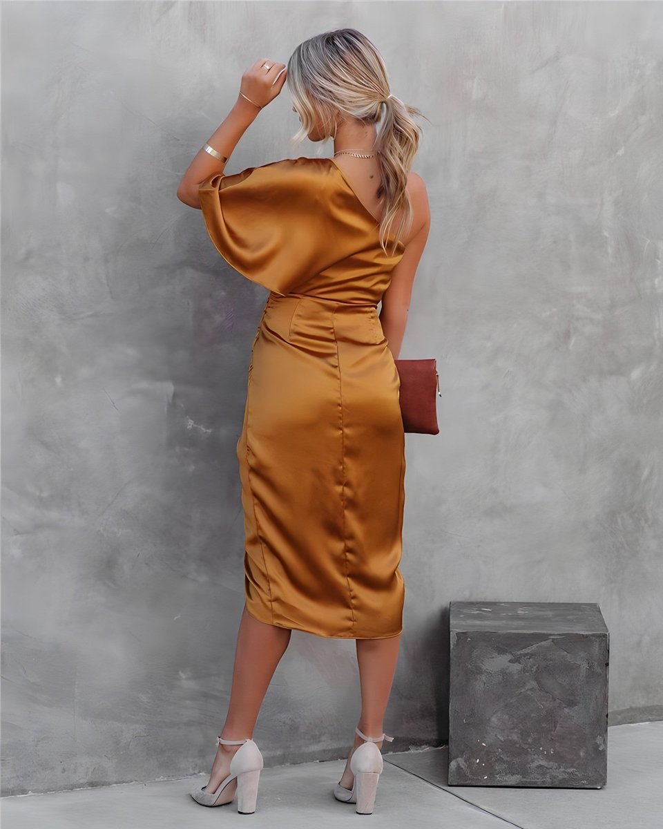 Women's One-Shoulder Ruched Satin Midi Formal Dress