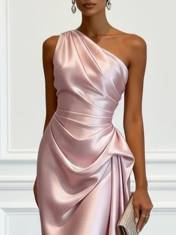 Women's One-Shoulder Ruched Satin Midi Formal Dress
