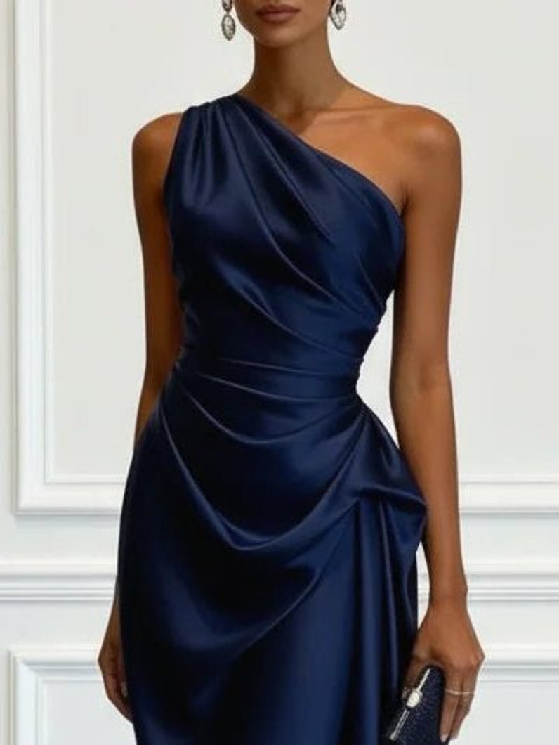 Women's One-Shoulder Ruched Satin Midi Formal Dress