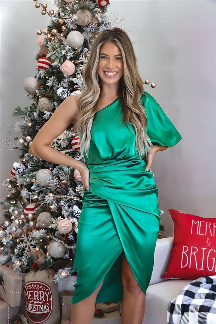 Women's One-Shoulder Ruched Satin Midi Formal Dress