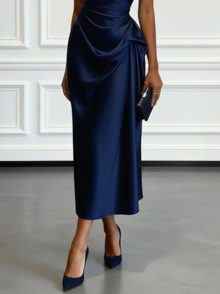 Women's One-Shoulder Ruched Satin Midi Formal Dress