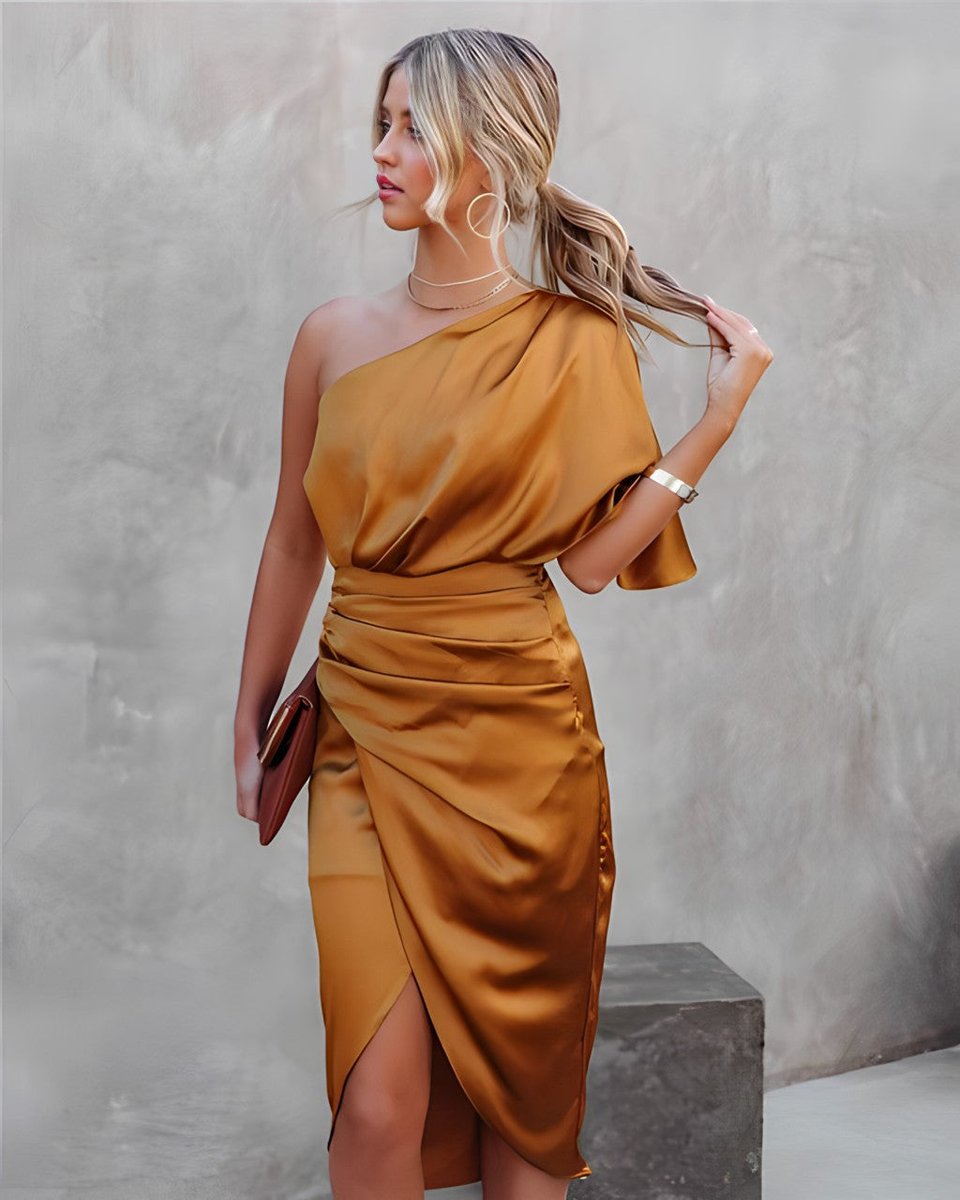Women's One-Shoulder Ruched Satin Midi Formal Dress